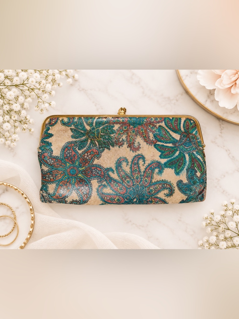 HOBO Lauren Paisley Leather Double-Frame Wallet Clutch | Teal Burgundy Floral